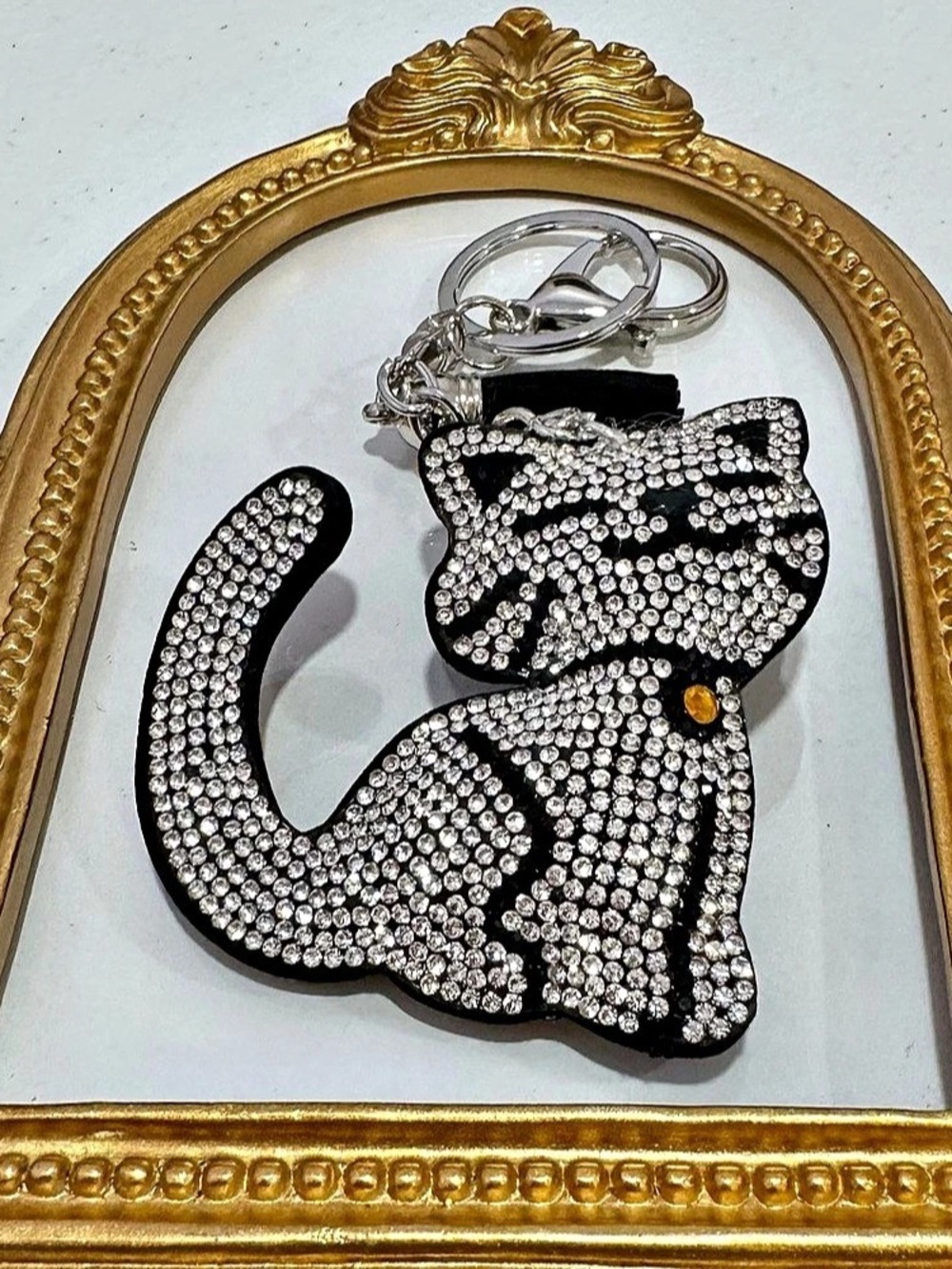 New Rhinestone Silver Cat Keychain
